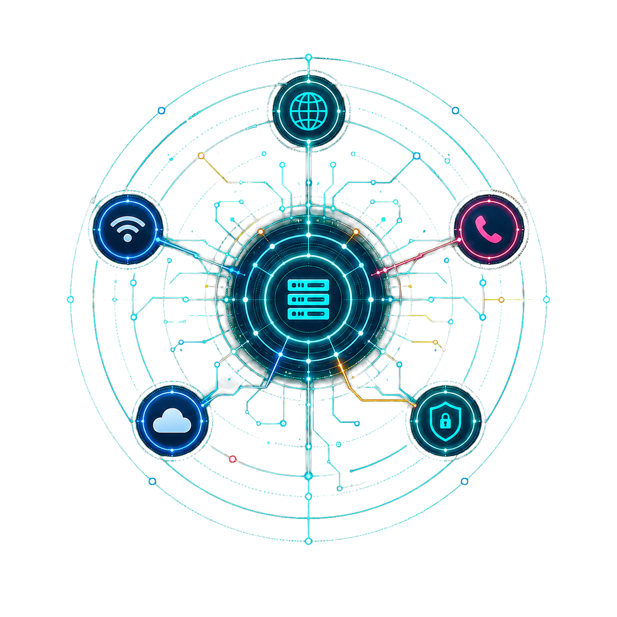 Diagrama de infraestructura conectada con servidores, red, nube, telefonía y seguridad